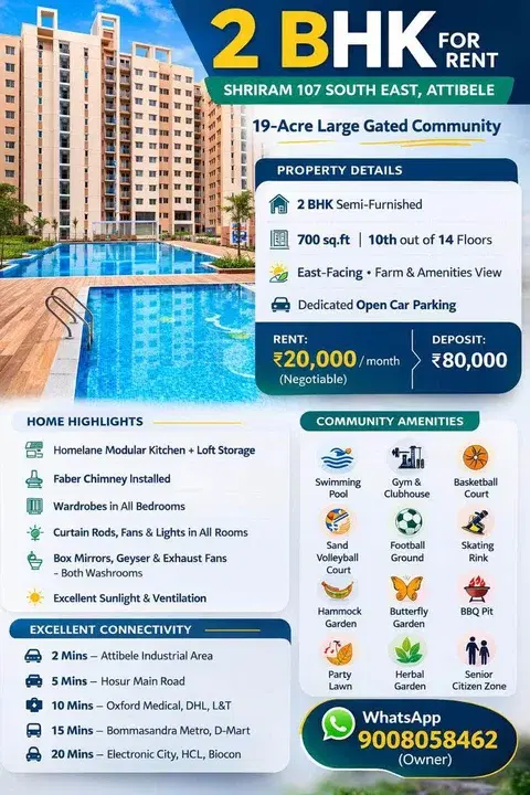 2 BHK Flat for Rent in Attibele industrial area ( Between Electronic city and Hosur industrial township)