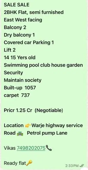 2 BHK Flat for Sale in Kothrud Highway ,Warje Highway
