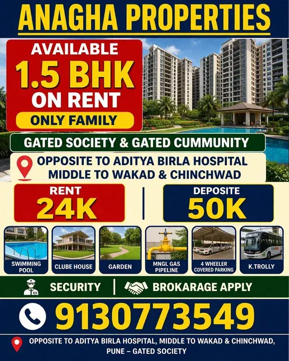 1.5 BHK Flat for Rent in Opp. Aditya Birla Hospital Prime Location Between Wakad & Chinchwad