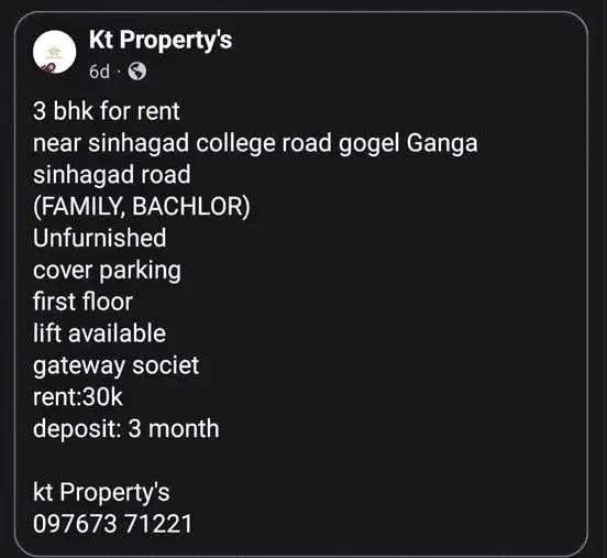 3 BHK Flat for Rent near sinhagad college road gogel Ganga sinhagad road